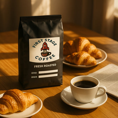 First Stage Coffee bag with a cup of coffee and croissants on a wooden table.