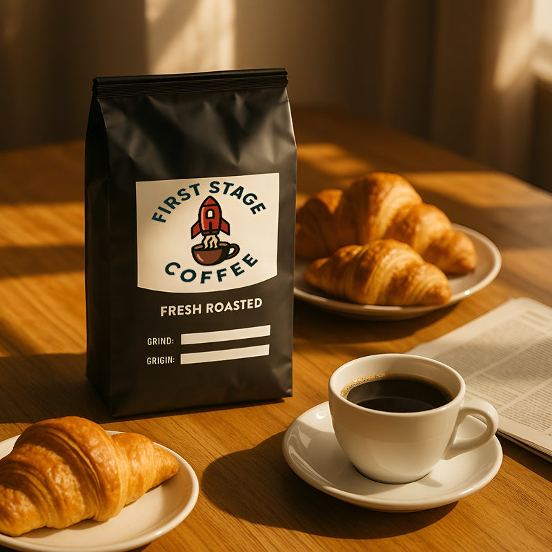 First Stage Coffee bag with a cup of coffee and croissants on a wooden table.