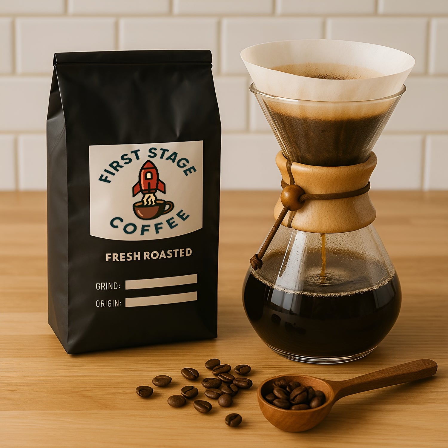 First Stage Coffee bag with a Chemex coffee maker and coffee beans on a wooden surface.