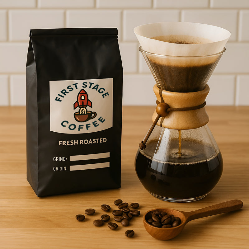 First Stage Coffee bag with a Chemex coffee maker and coffee beans on a wooden surface.